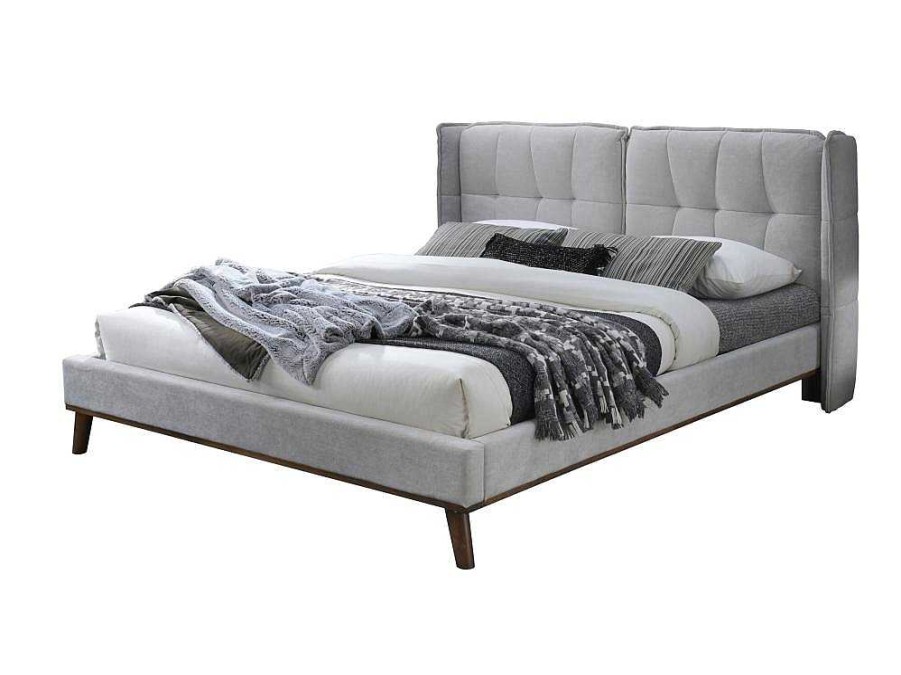 Vente-unique Tweepersoonsbed | Bed 140 X 200 Cm Met Hoofdbord Met Capitons - Linnen - Lichtgrijs - Kerano