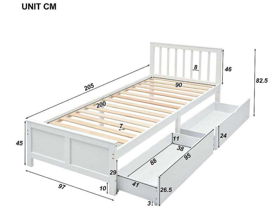 ModernLuxe Tweepersoonsbed | Eenpersoonsbed 90X200Cm In Massief Hout Met 2 Laden - Wit