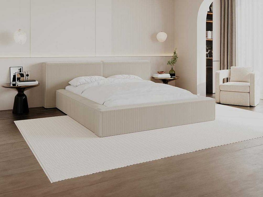 PASCAL MORABITO Fluwelen Bed | Bed Met Opbergruimte 160 X 200 Cm - Ribfluweel - Beige + Matras - Timano