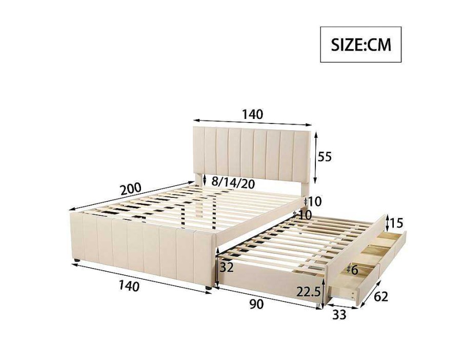 ModernLuxe Kinderbed | Gestoffeerd Linnen Bed 140X200Cm - Met Onderschuifbed Op Wielen En 3 Lades - Beige