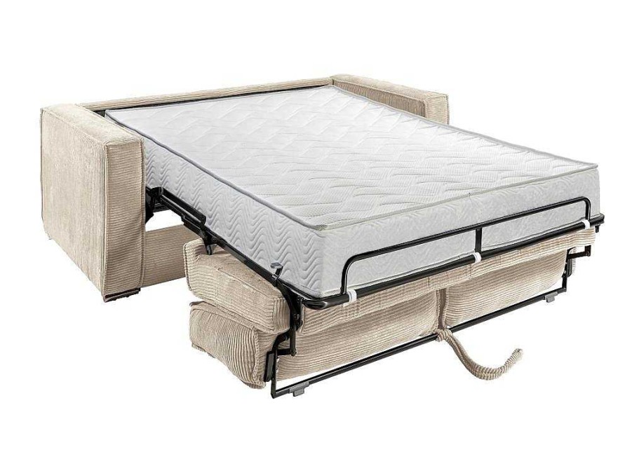 Vente-unique Slaapbank Met Matras | Express-Vierzitsslaapbank Van Beige Ribfluweel - Bed Met Brede Latten 160 Cm - Matras 22 Cm Loreto