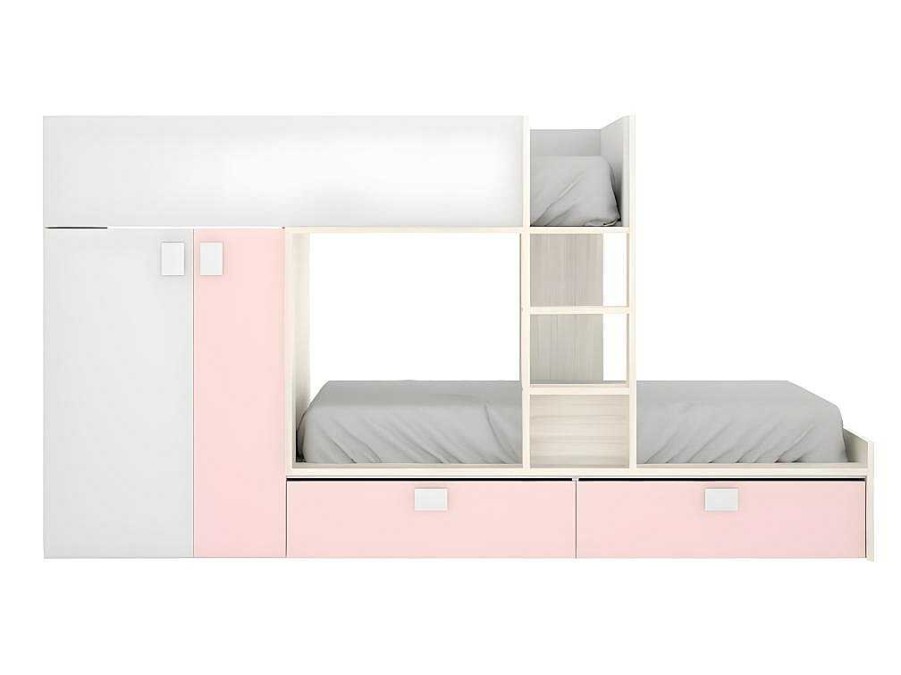 Vente-unique Kinderbed | Stapelbed Met Ingebouwde Kast En Opbergruimte 2X90X190Cm - Wit, Eiken En Roze + Matras -Juanito