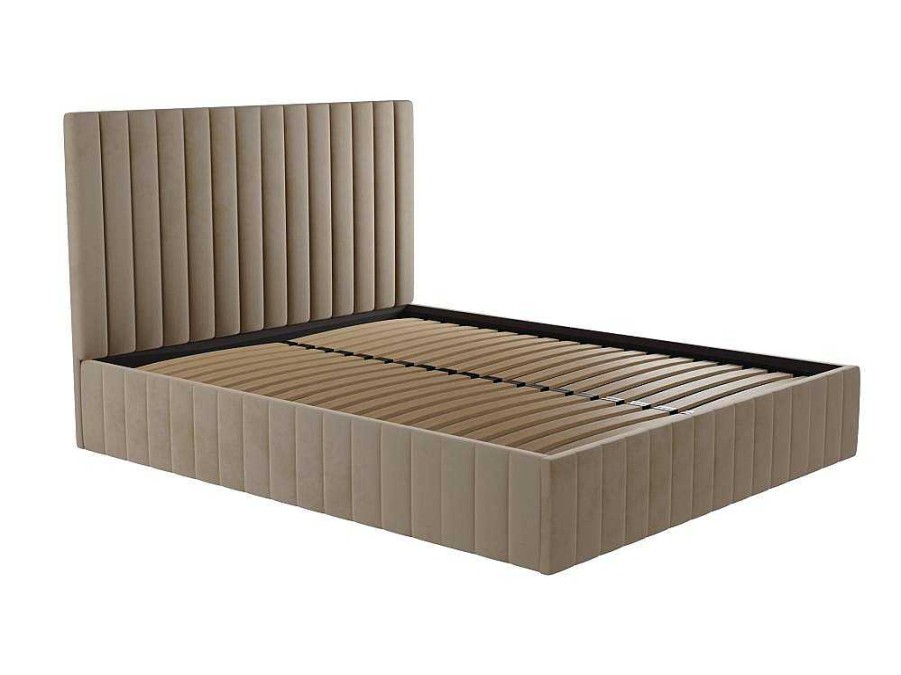 Vente-unique Fluwelen Bed | Bed Met Opbergruimte 180 X 200 Cm Met Hoofdbord Met Verticale Stiksels - Velours - Taupegrijs + Matras - Larali