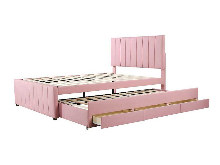 ModernLuxe Bed Met Slaaplade | Gestoffeerd Linnen Bed 140X200Cm - Met Onderschuifbed Op Wielen En 3 Lades - Roze