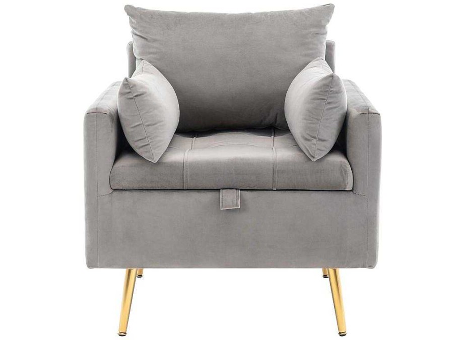 ModernLuxe Fauteuil Stof Fluweel / Suedine | Vipi Fauteuil In Fluwelen Stof Met Opbergruimte En Kussen - Poten Van Goudkleurig Metaal - Grijs