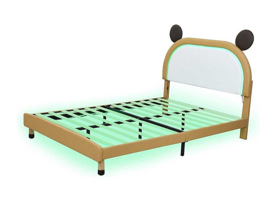 Vente-unique Tweepersoonsbed | Gestoffeerd Bed Met Verstelbaar Hoofdbord 140 X 200 Cm - Led'S - Pu Leer - Geel + Bruin