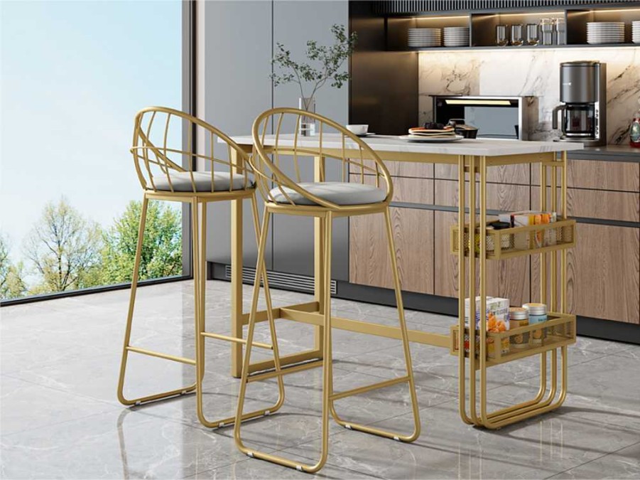 ModernLuxe Keukenmeubel | Set "Eat Standing": Bartafel En 2 Krukken - Metalen Structuur - Goud