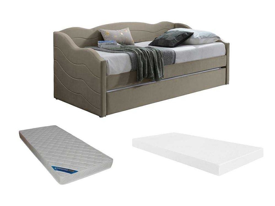 Vente-unique Bed Met Slaaplade | Uitschuifbare Slaapbank 2 X 90 X 190 Cm - Velours - Beige + Matras - Lenvia