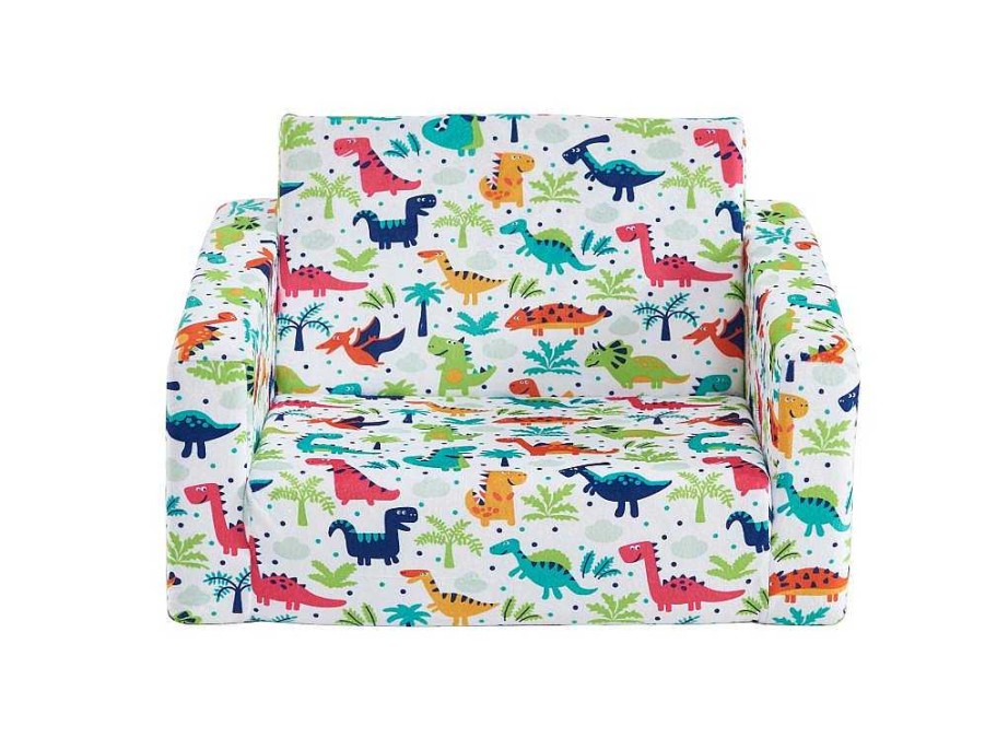 Vente-unique Uitklapbare Fauteuil | Kinderfauteuil Van Fluweel Met Dinosaurus Motieven - Wit - Almagro