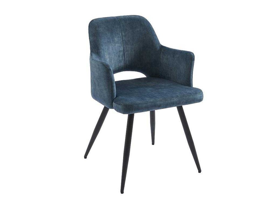 Vente-unique Stoel | Set Van 2 Stoelen Met Armleuningen Van Stof En Zwart Metaal - Blauw - Kadija