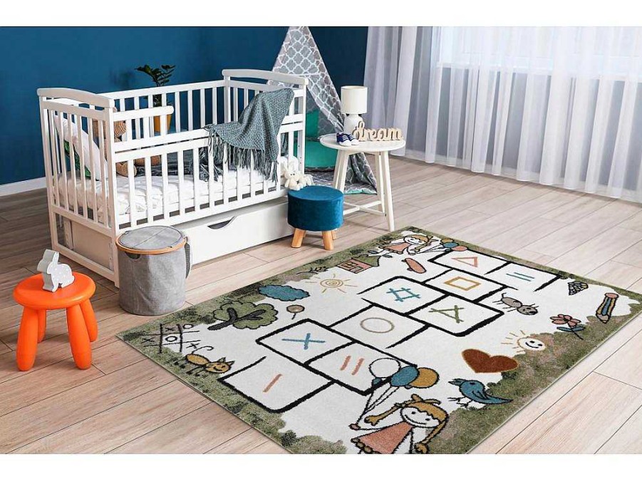 RugsX Kindervloerkleed | Tapijt Fun Hop Voor Kinderen, Klassikaal Spel, Dieren Groen 180X270 Cm