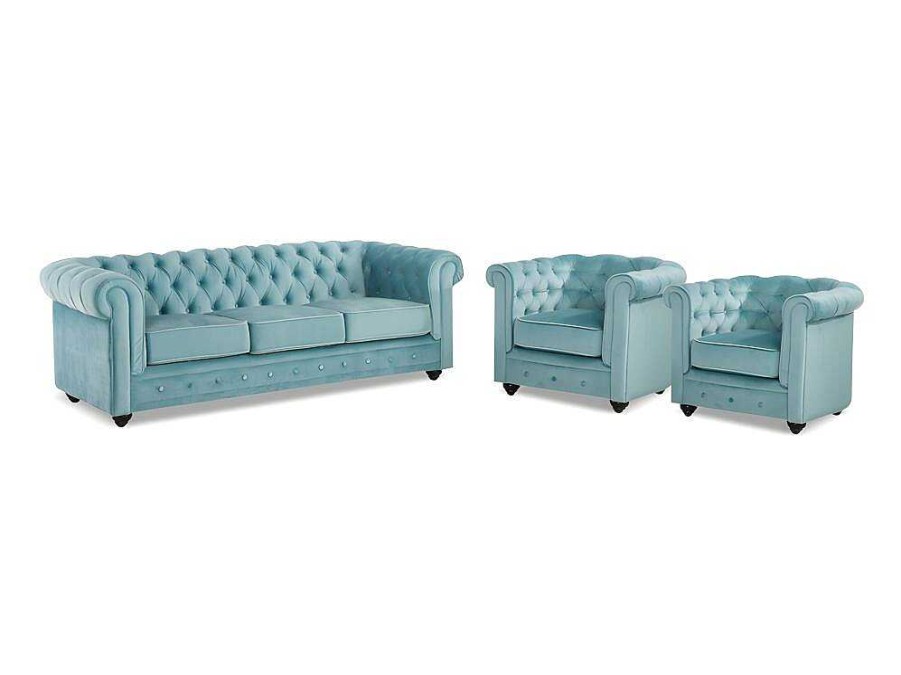 Vente-unique Set Zitbank + Fauteuil | Driezitsbank En 2 Fauteuils Chesterfield - Fluweel - Pastel Blauw