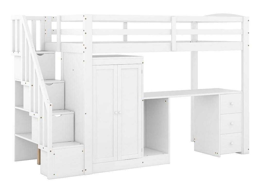 Vente-unique Kinderbed Hoogslaper | Mezzaninebed 90 X 200 Met Kledingkast En Trap, Bureau En Lades - Grenen + Mdf - Wit