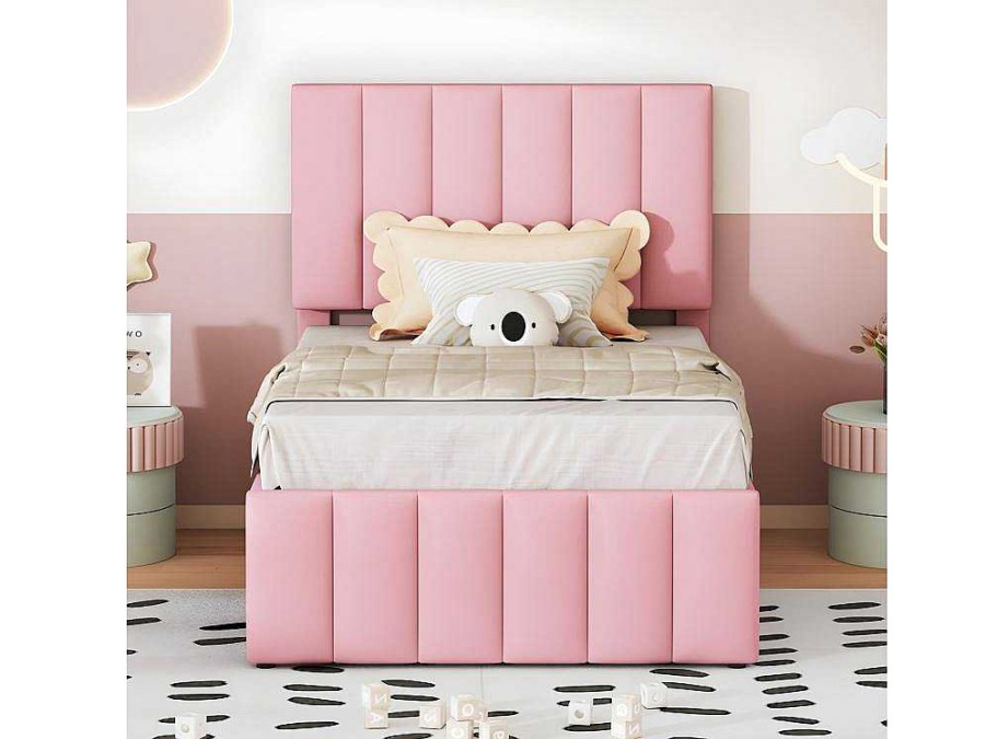 ModernLuxe Bed Met Slaaplade | Gestoffeerd Linnen Bed 90X200Cm - Met Onderschuifbed Op Wielen En 3 Lades - Roze