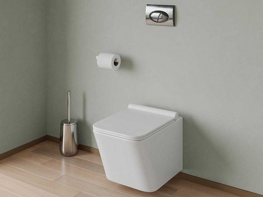 Vente-unique Hangend Toilet | Set Voor Witte Hang-Wc Met Voorwandsysteem En Chroomkleurige Ovalen Bedieningsplaat - Clemona