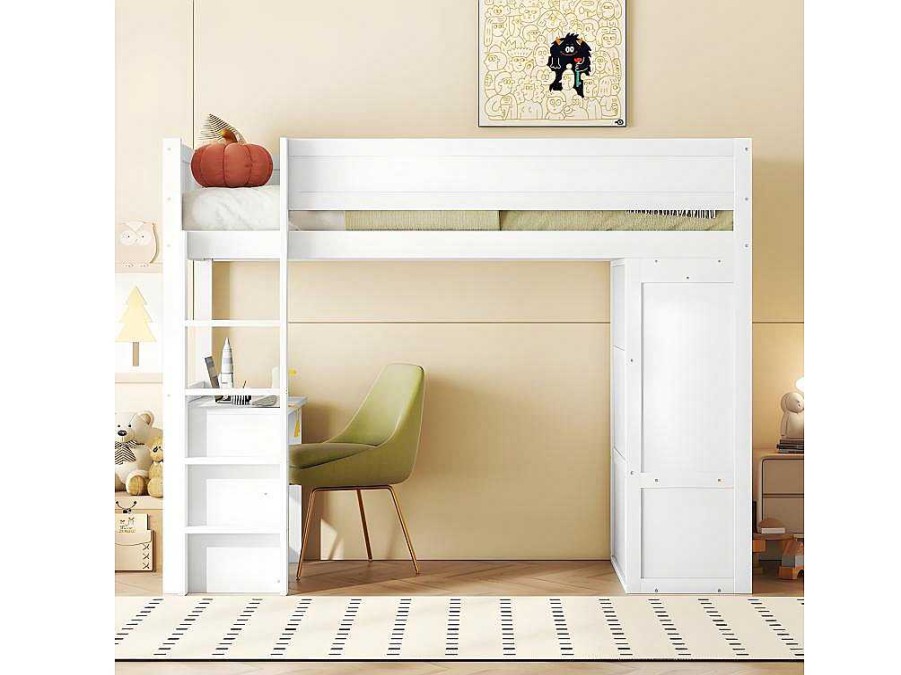 ModernLuxe Kinderbed Hoogslaper | Mezzaninebed 90X200Cm - Multifunctioneel Kinderbed - Voorzien Van Kledingkast En Bureau - In Massief Grenen - Wit