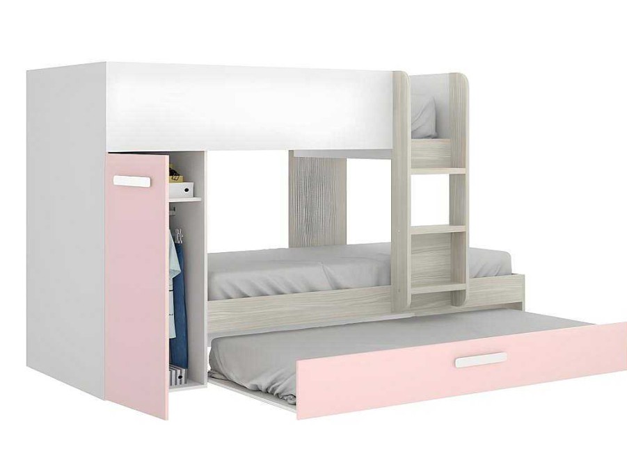 Vente-unique Kinderbed Stapelbed | Stapelbed Met Opbergruimtes 3 X 90 X 190 Cm - Wit, Naturel En Roze - Met Matras - Anthony