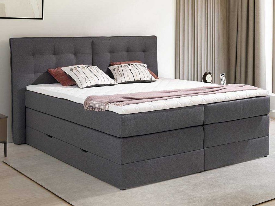 Palacio Boxspringbed | Set Boxspring Met Hoofdbord + Bedbodems Met Opbergruimte + Matras + Dekmatras - 180 X 200 Cm - Antracietkleurige Stof - Perama Van Palacio