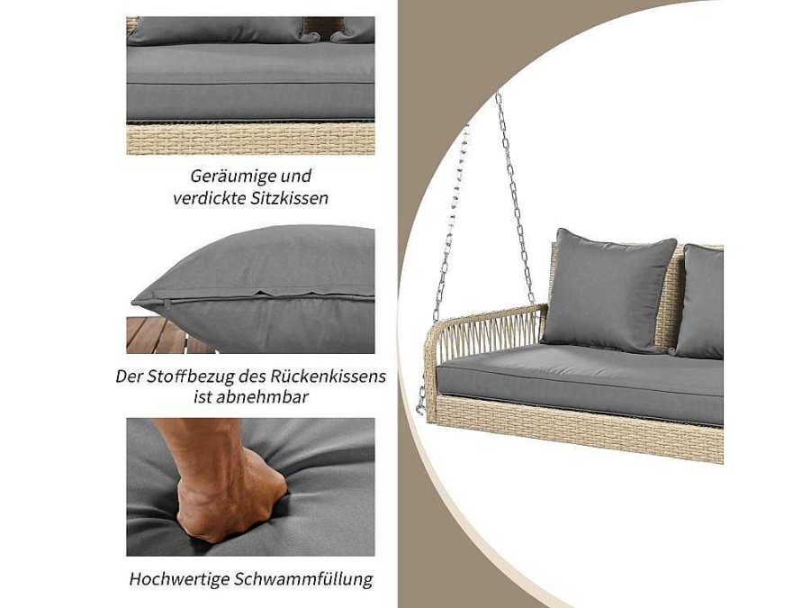 Vente-unique Hangstoel | 114 Cm Hangstoel In Pe Rotan - 2 Plaatsen - 11 Cm Gecapitonneerd Zitkussen - Beige + Grijs