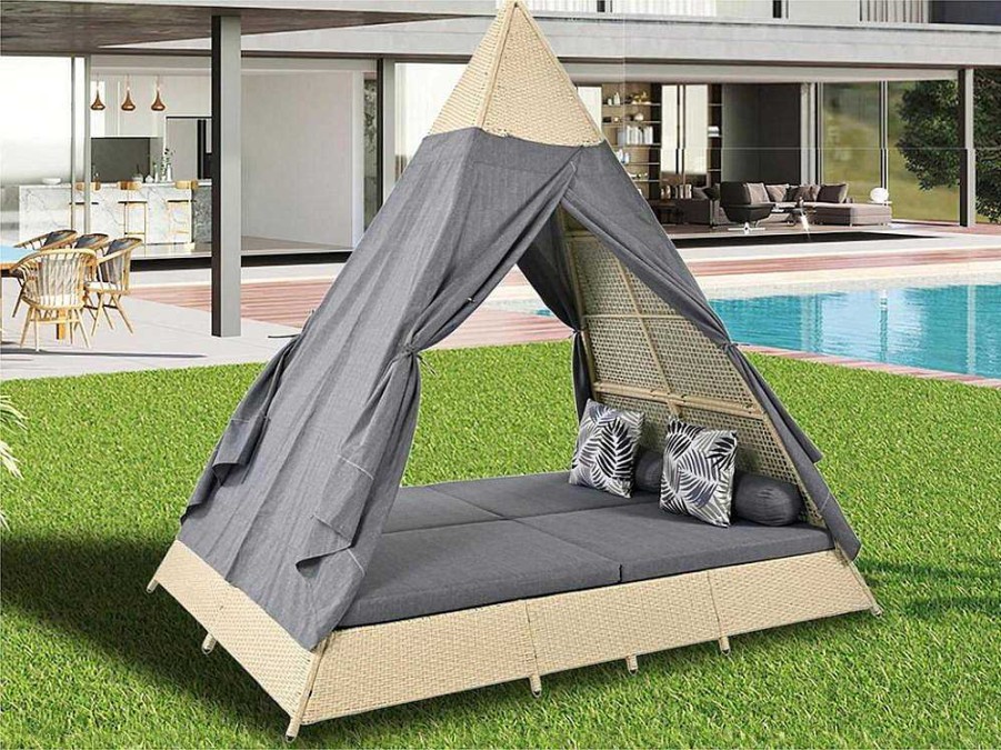 ModernLuxe Ligstoel | Tuinbed - Rotan Tent Voor 2 Personen - Met Gordijn En Kussens - Beige