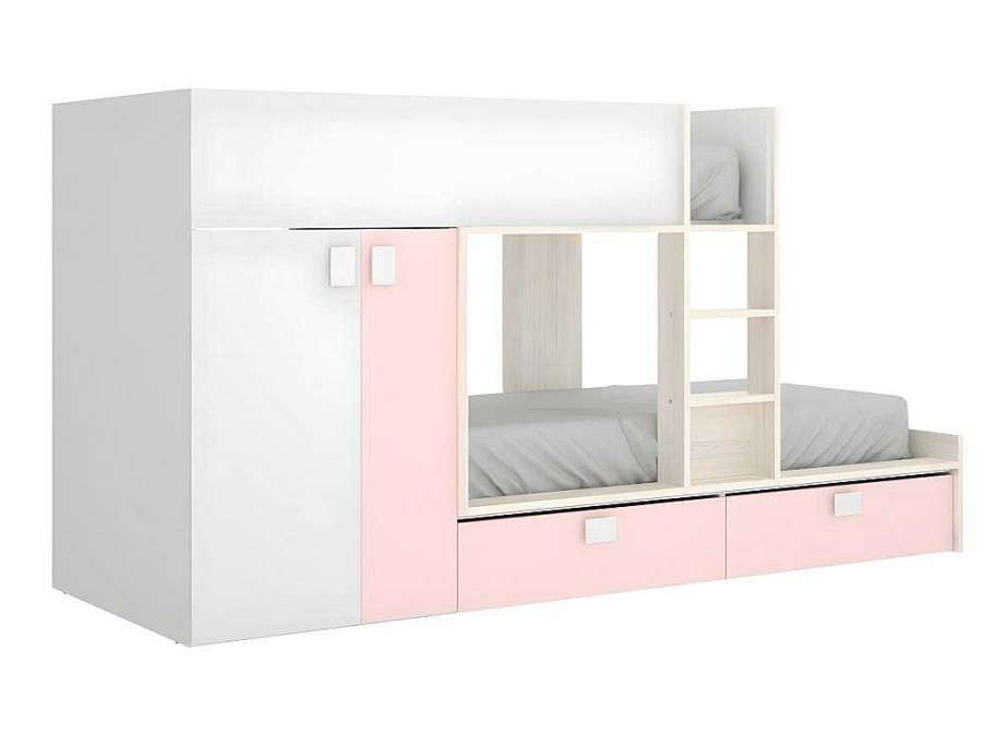 Vente-unique Kinderbed | Stapelbed Met Ingebouwde Kast En Opbergruimte 2X90X190Cm - Wit, Eiken En Roze + Matras -Juanito