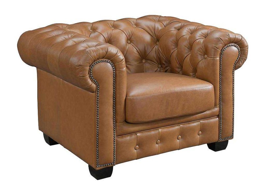 LINEA SOFA Fauteuil Leer | Chesterfield Fauteuil Brenton 100% Buffelleer - Vintage Caramel