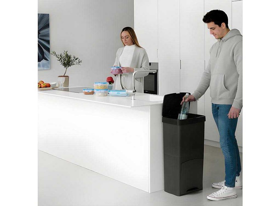 OZAIA Keukenaccessoire En -Opbergruimte | Recyclingvuilnisbak Met 3 Compartimenten - Gerecycled Plastic - 80L - Antraciet - Vanern