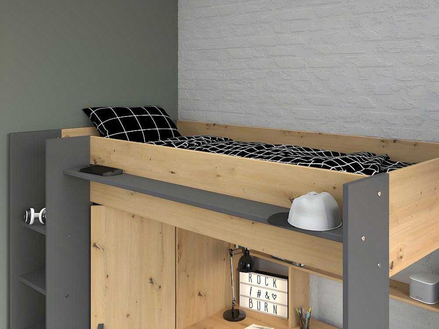 Vente-unique Kinderbed Hoogslaper | Hoogslaper Met Bureau En Kast - 90X200Cm - Naturel En Antraciet + Matras - Auckland