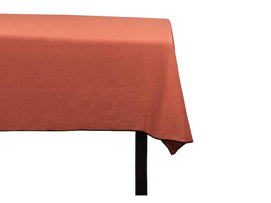 OZAIA Textiel Voor Eettafel | Set Van Tafellaken + 4 Servetten Van Linnen En Katoen - Zwarte Rand - Terracotta - 170 X 300 Cm - Borina