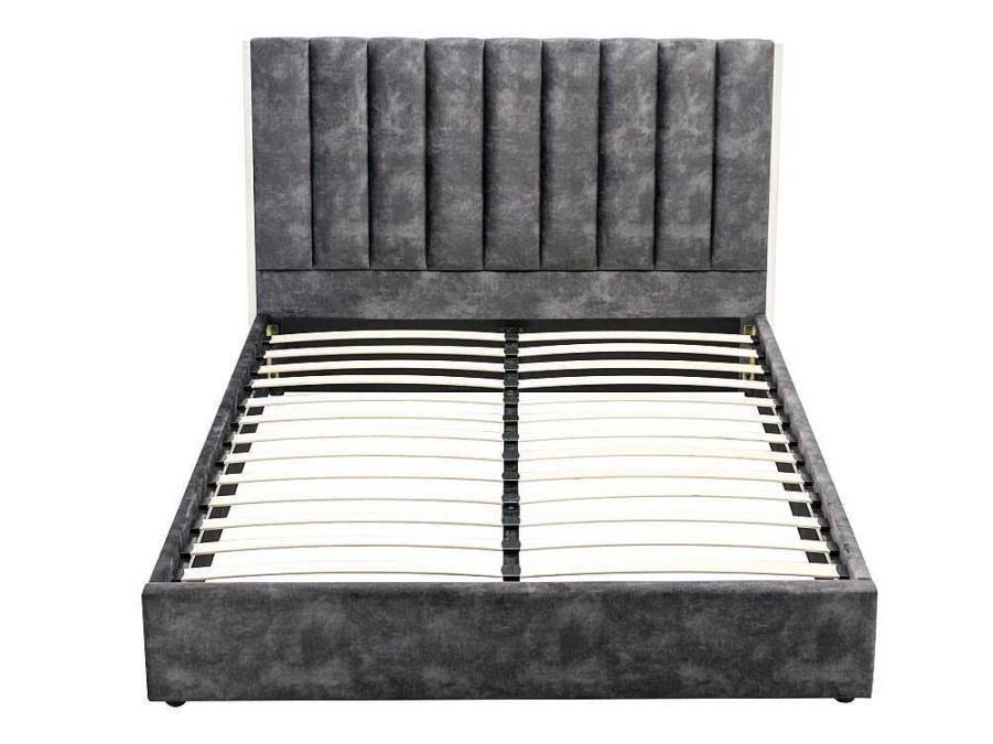 Vente-unique Fluwelen Bed | Bed 160 X 200 Cm Met Hoofdbord Met Verticale Stiksels - Velours - Antraciet - Feroya