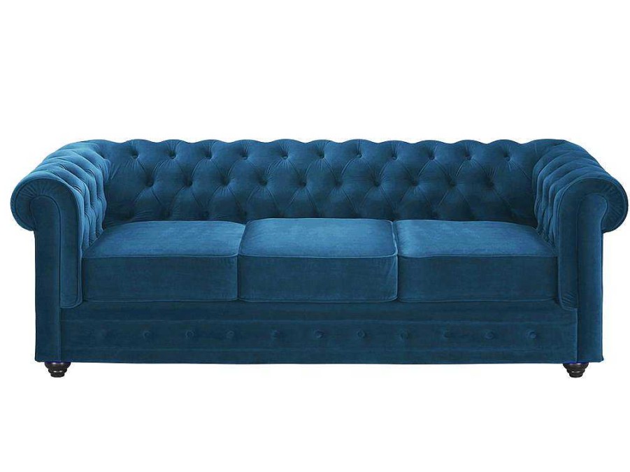 Vente-unique Chesterfield Zitbank | Driezitsbank Chesterfield Fluweel - Eend Blauw