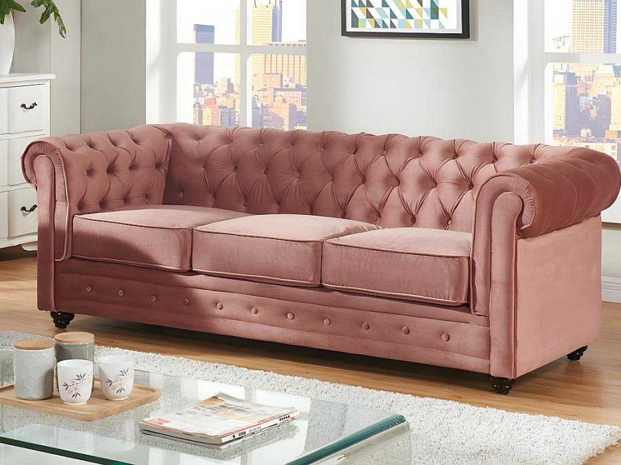 Vente-unique Set Zitbank + Fauteuil | Driezitsbank En 2 Fauteuils Chesterfield - Fluweel - Pastel Roze