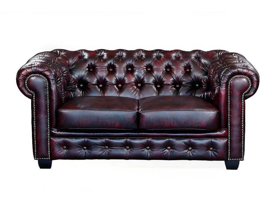 LINEA SOFA Leren Zitbank | Tweezitsbank Chesterfield Brenton 100% Buffelleer - Cherry