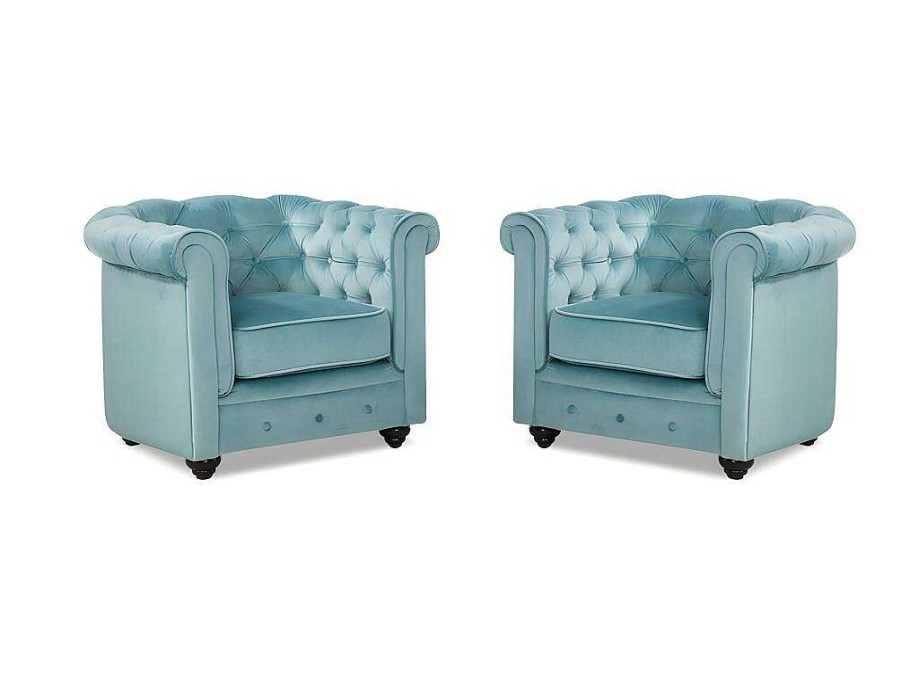 Vente-unique Fauteuil Stof Fluweel / Suedine | Set Van 2 Fauteuils Chesterfield - Fluweel - Pastel Blauw