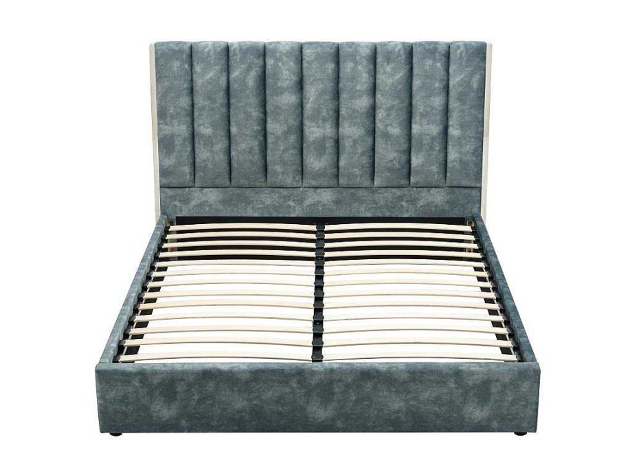 Vente-unique Fluwelen Bed | Bed 160 X 200 Cm Met Hoofdbord Met Verticale Stiksels - Velours - Groenblauw - Feroya