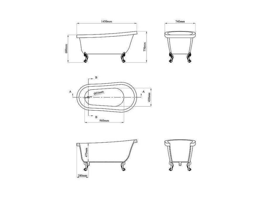 Shower & Design Vrijstaand Bad Op Pootjes | Ovaal Eilandbad - Retro Stijl - 171 L - 145 X 74 X 77 Cm - Witte Leeuwenpoten - Nisos