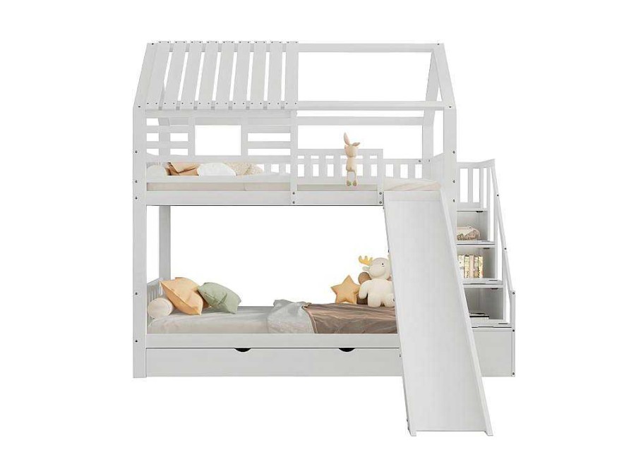 ModernLuxe Kinderbed Stapelbed | Stapelbed 90X200Cm - Grenenhout En Mdf Structuur - Met Glijbaan En Opbergtrap - Een Grote Lade Onder Het Bed - Wit