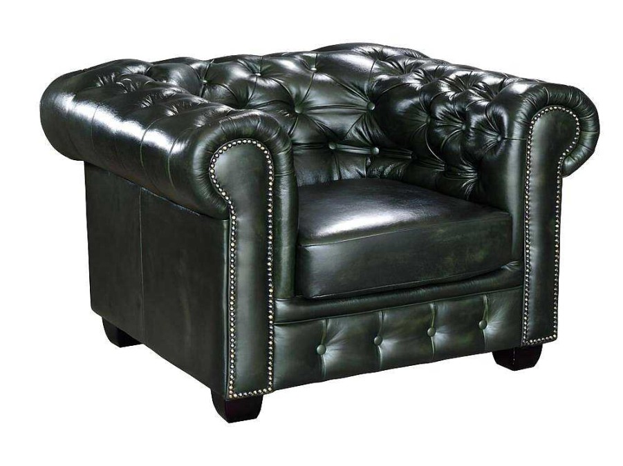 LINEA SOFA Fauteuil Leer | Fauteuil Chesterfield Brenton 100% Buffelleer - Empire Groen