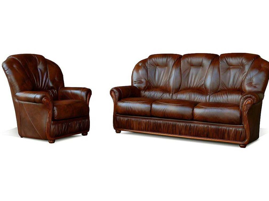 Vente-unique Set Zitbank + Fauteuil | Driezitsbank En Fauteuil Daphne Van 100% Buffel Leer - Bruin