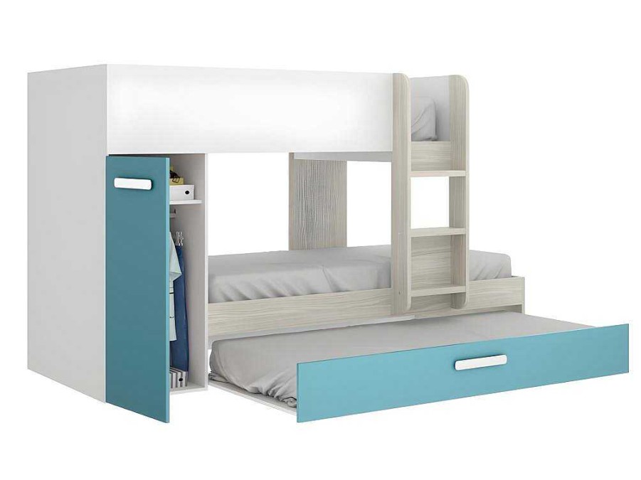 Vente-unique Kinderbed Stapelbed | Stapelbed Met Slaaplade En Opbergruimtes 3 X 90 X 190 Cm - Wit, Naturel En Blauw - Met Matras - Anthony