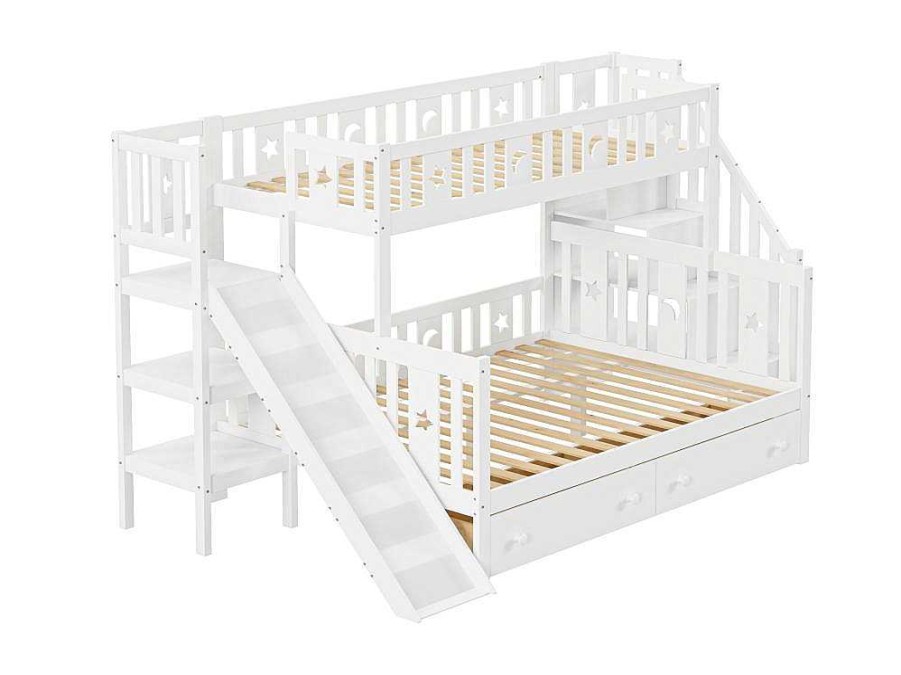 Vente-unique Kinderbed Stapelbed | 2-Zits Stapelbed Met Glijbaan En Planken - 90 X 200 Cm + 140 X 200 Cm - Wit - Anthony