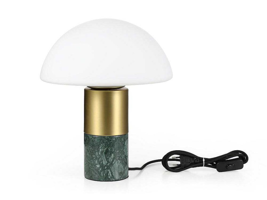 OZAIA Lamp | Tafellamp Champignon Van Marmer, Metaal En Glas - D30 X H35 Cm - Wit En Goudkleurig - Langford