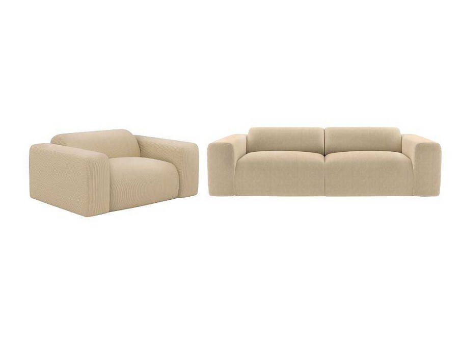 Maison Céphy Set Zitbank + Fauteuil | Driezitsbank En Fauteuil Van Beige Stof Met Textuur Pogni Van Maison Cephy