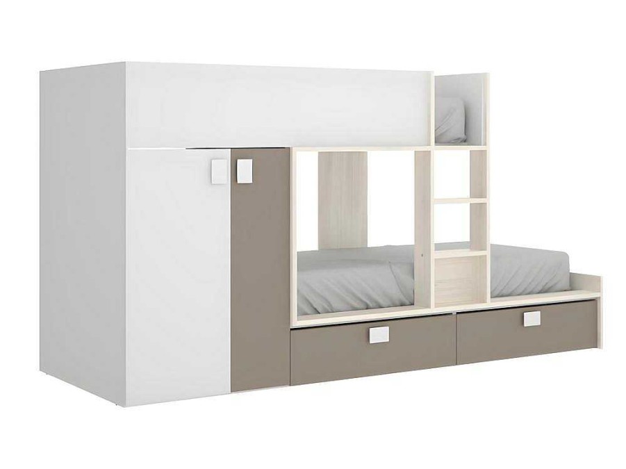 Vente-unique Kinderbed Stapelbed | Stapelbed Met Ingebouwde Kast En Opbergruimte 2X90X190Cm - Wit, Eiken En Taupe + Matras - Juanito