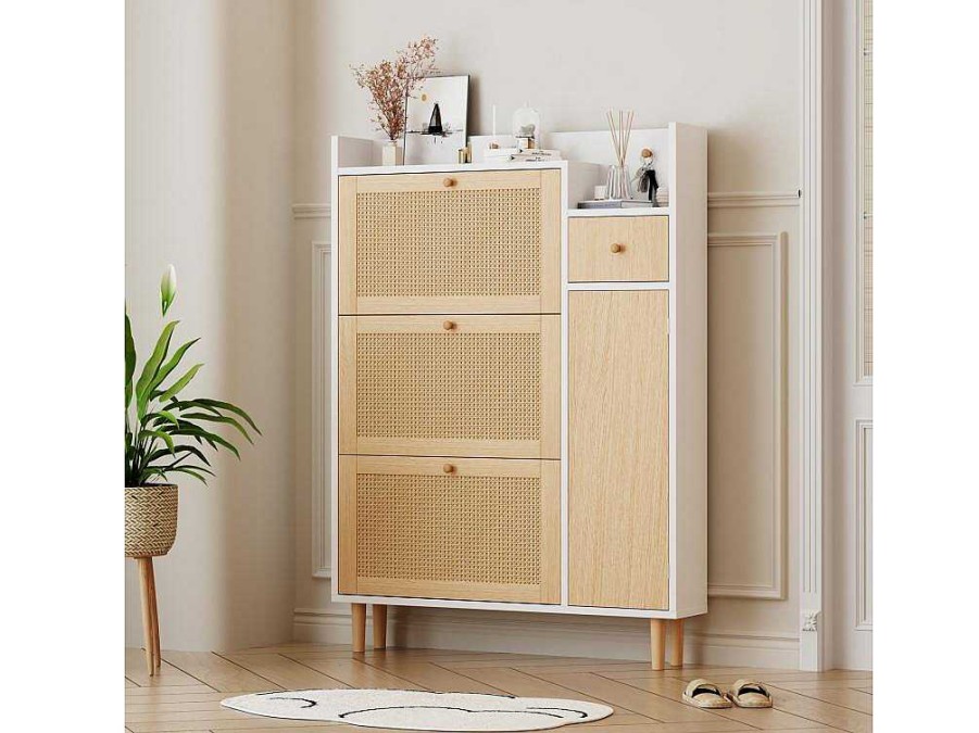 Vente-unique Schoenenkast | Schoenenkast Met 3 Klepdeuren En 1 Lade Afmeting 90L X 17B X 125H Cm Houtlook Rotan Rieteffect Kleur Wit + Eiken