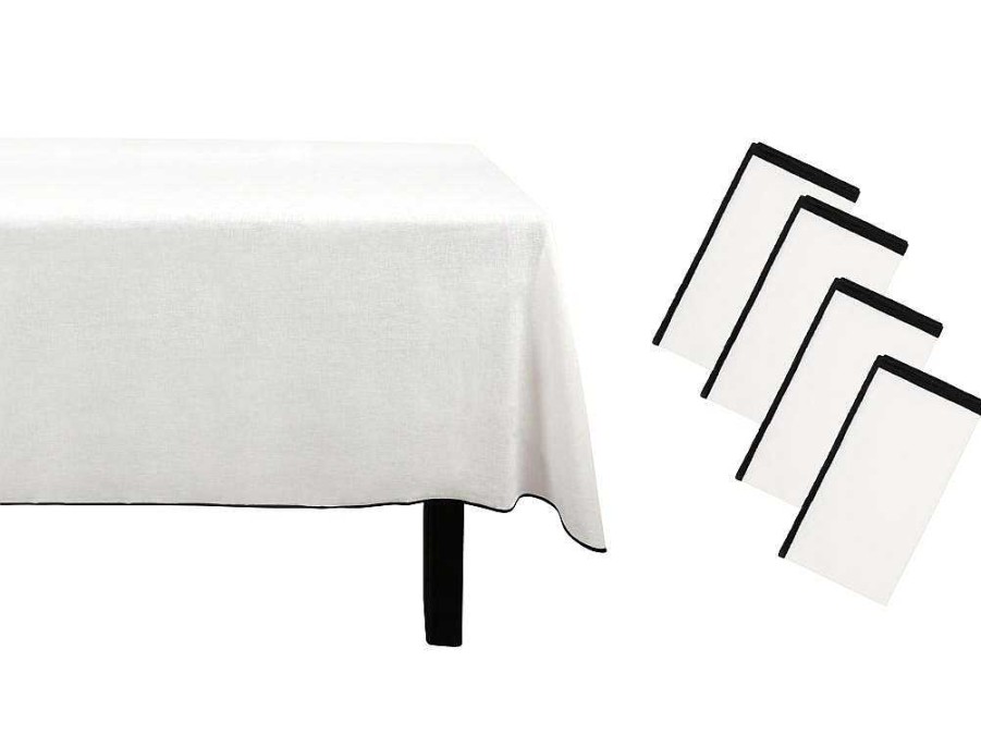 OZAIA Textiel Voor Eettafel | Set Van Tafellaken + 4 Servetten Van Linnen En Katoen - Zwarte Rand - Wit- 170 X 250 Cm - Borina