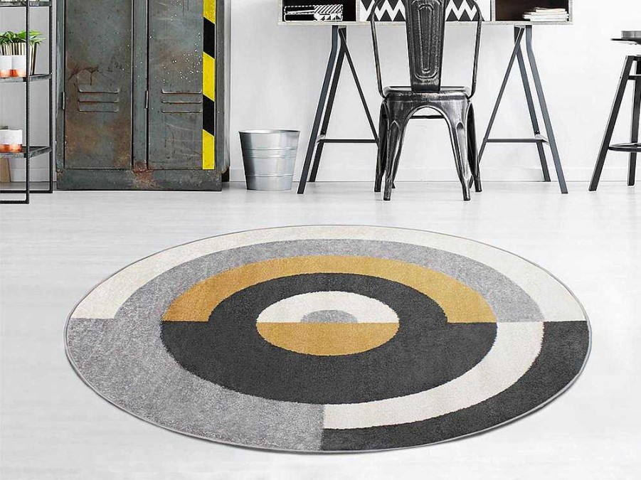 OZAIA Woonkamertapijt | Rond Designtapijt Met Geometrische Motieven Alborg - D. 160 Cm - Grijs En Oker