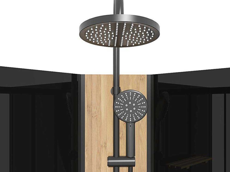 Shower & Design Douchecabine | Kwartcirkelvormige Douchecabine Met Massagestralen En Paneel In Bamboe - Zwart - L90 X B90 X H225 Cm - Tiloma