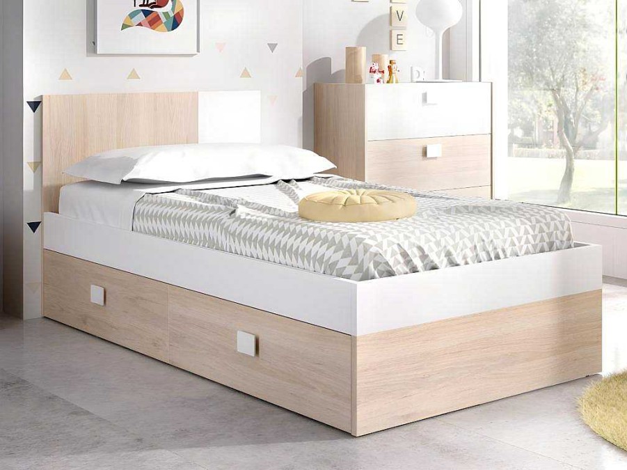 Vente-unique Bed Met Slaaplade | Onderschuifbed - 2 X 90 X 190 Cm - Kleuren: Eiken En Wit - Sonia