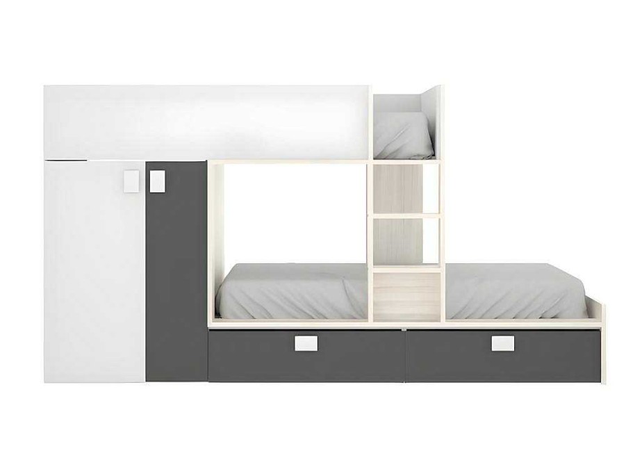 Vente-unique Kinderbed | Stapelbed Juanito Met Ingebouwde Kast - 2 X 90 X 190 Cm - Wit, Eiken En Antraciet